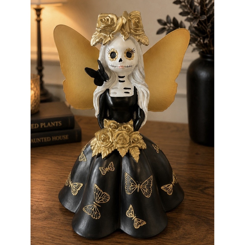 Bella Lux Skeleton Butterfly Girl Metal Wings Halloween Decor Black Gold